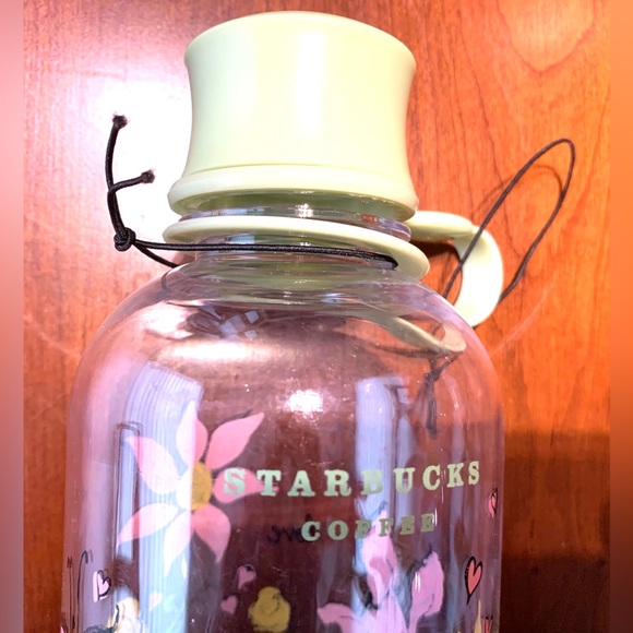 Starbucks acrylic water bottle cute colorful flowers & hearts pattern green cap - Picture 2 of 4